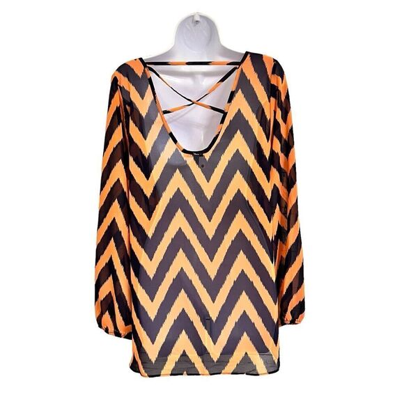 Moa‎ Moa Blouse Top Size M Long Sleeves Chevron Pattern Semi Sheer Orange Navy - Picture 4 of 12